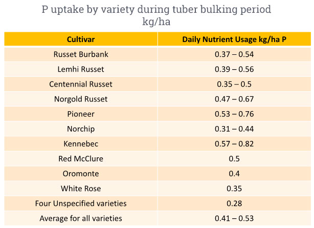 P Uptake by variety during tuber bulking period kg/ha